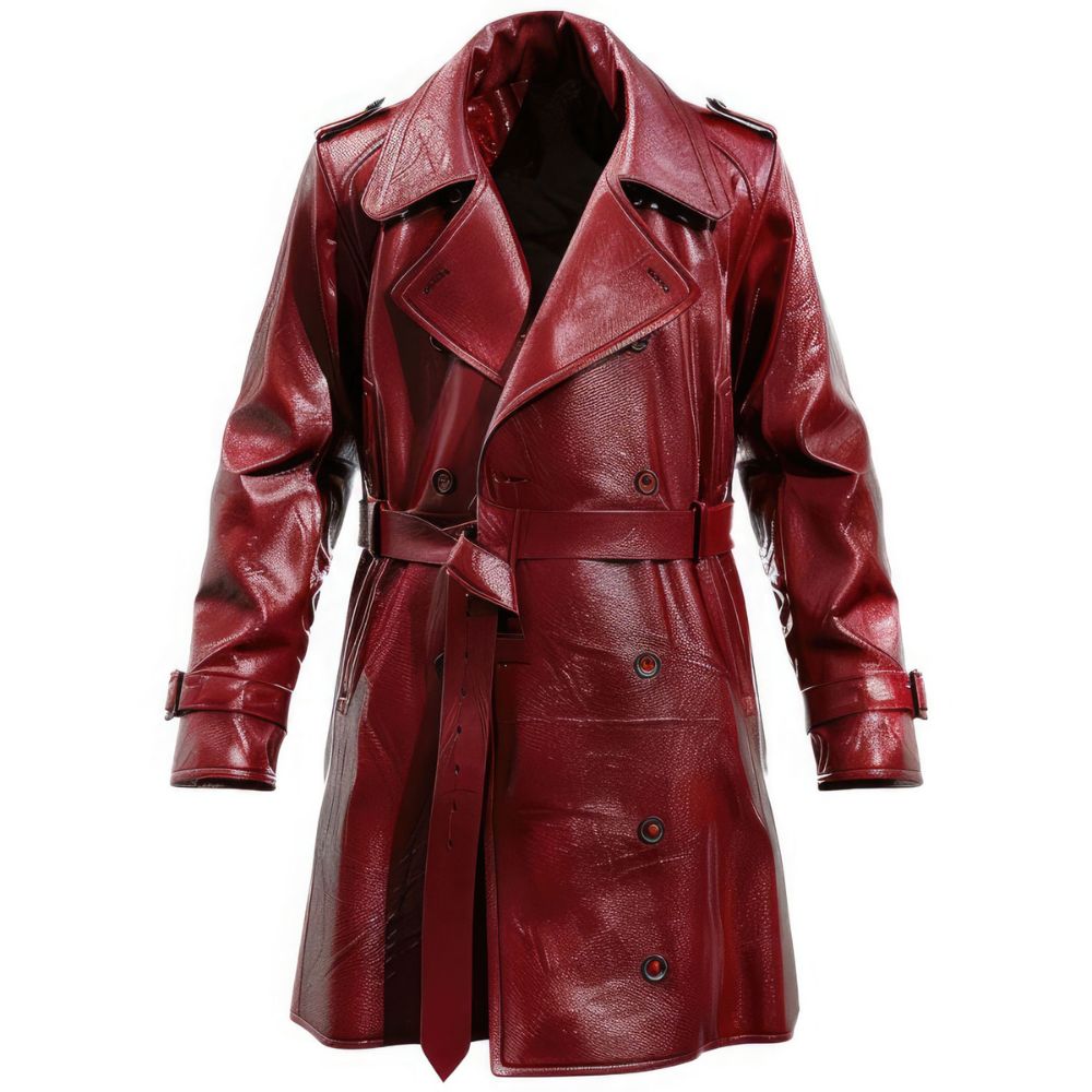 Men’s Distressed Maroon Double-Breasted Sheepskin Trench Leather Coat