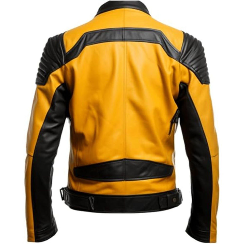 Men's Mustard-Yellow Black Cafe Racer Genuine Sheepskin Leather Jacket