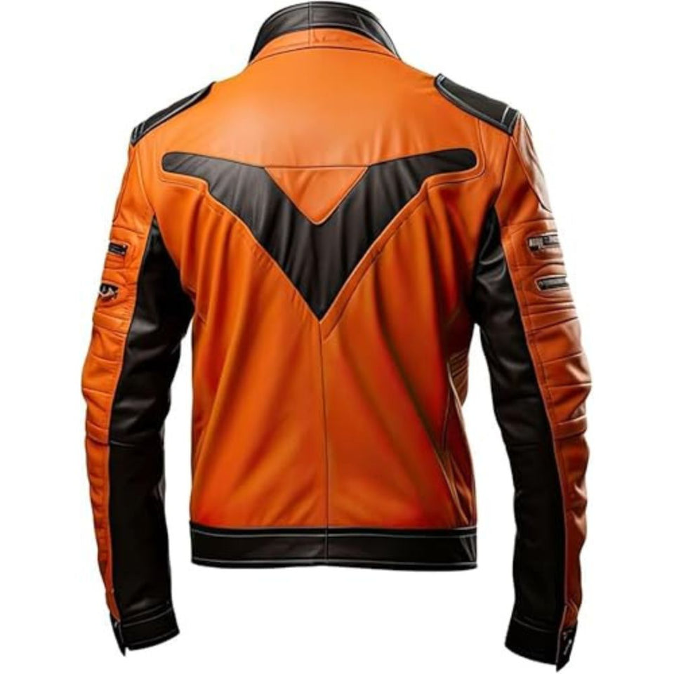 Men’s Orange Black Premium Sheepskin Zip-Up Motorcycle Leather Jacket