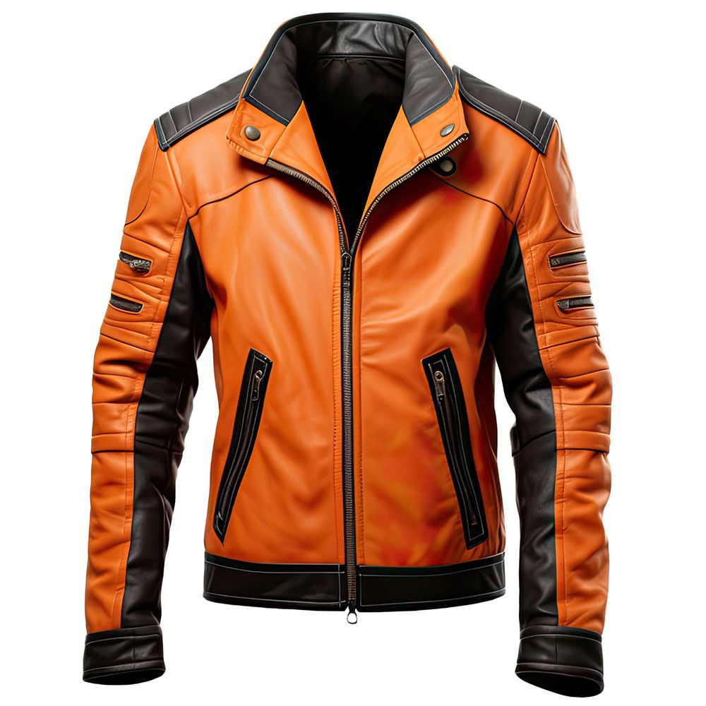 Men’s Orange Black Premium Sheepskin Zip-Up Motorcycle Leather Jacket