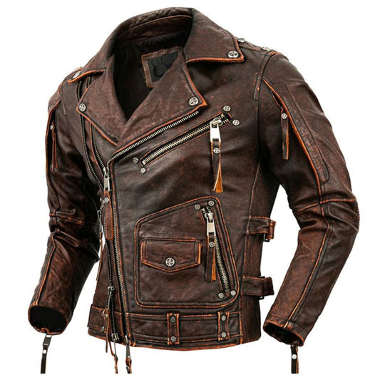 Men’s Brando Stone Milled Brown Genuine Cowhide Leather Jacket