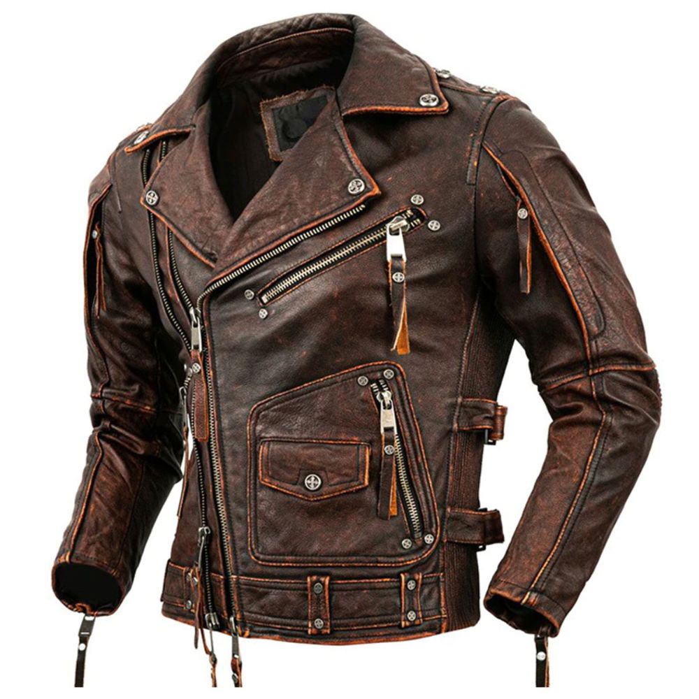 Men’s Brando Stone Milled Brown Genuine Cowhide Leather Jacket