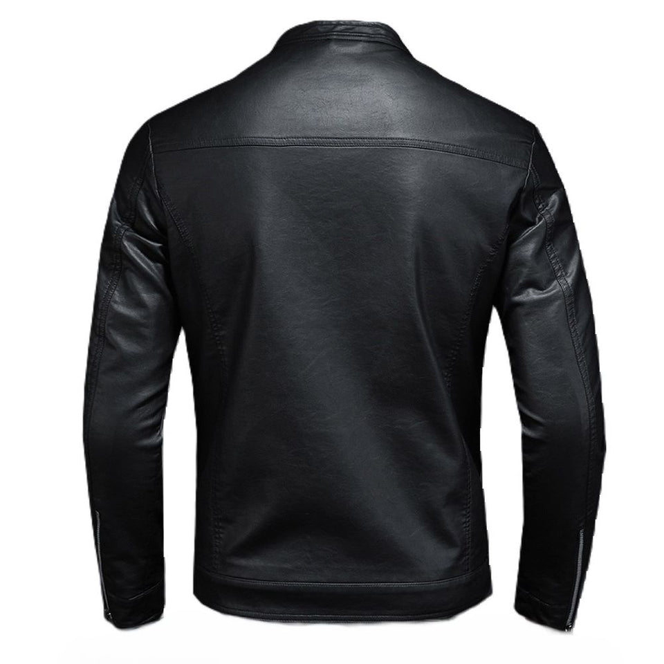 Men’s Stone Black Stand-Up Collar Genuine Cowhide Biker Leather Jacket