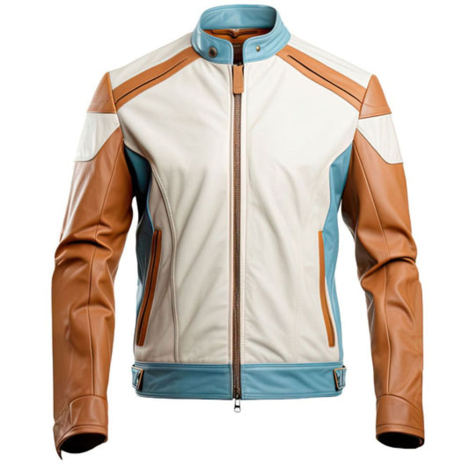 Men's White Bomber Biker Genuine Sheepskin  Leather Jacket