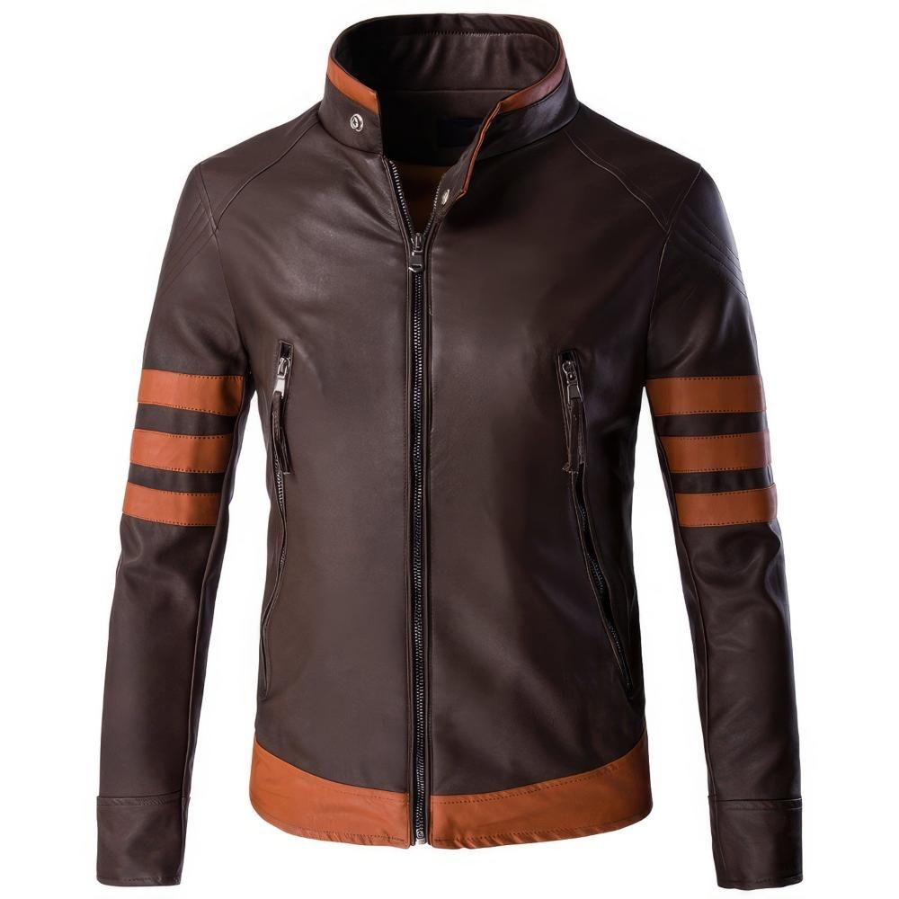 Men’s Wolverine Brown Pure Sheepskin Retro Strips Moto Leather Jacket