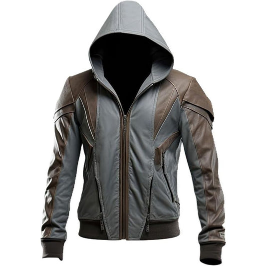 Men’s Grey Hooded Slim-Fit Genuine Sheepskin Biker Leather Jacket