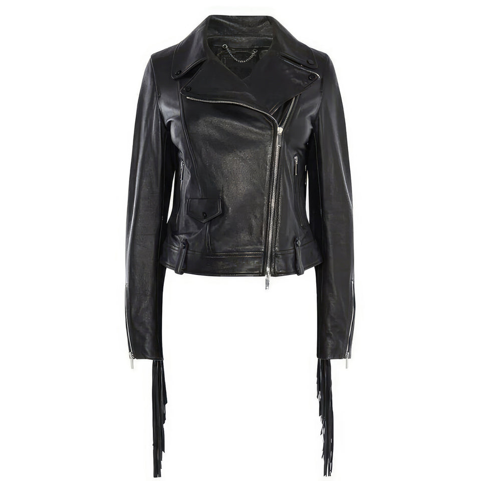 Women's Classic Black Motorcyle Biker Genuine Lambskin Leather Jacket