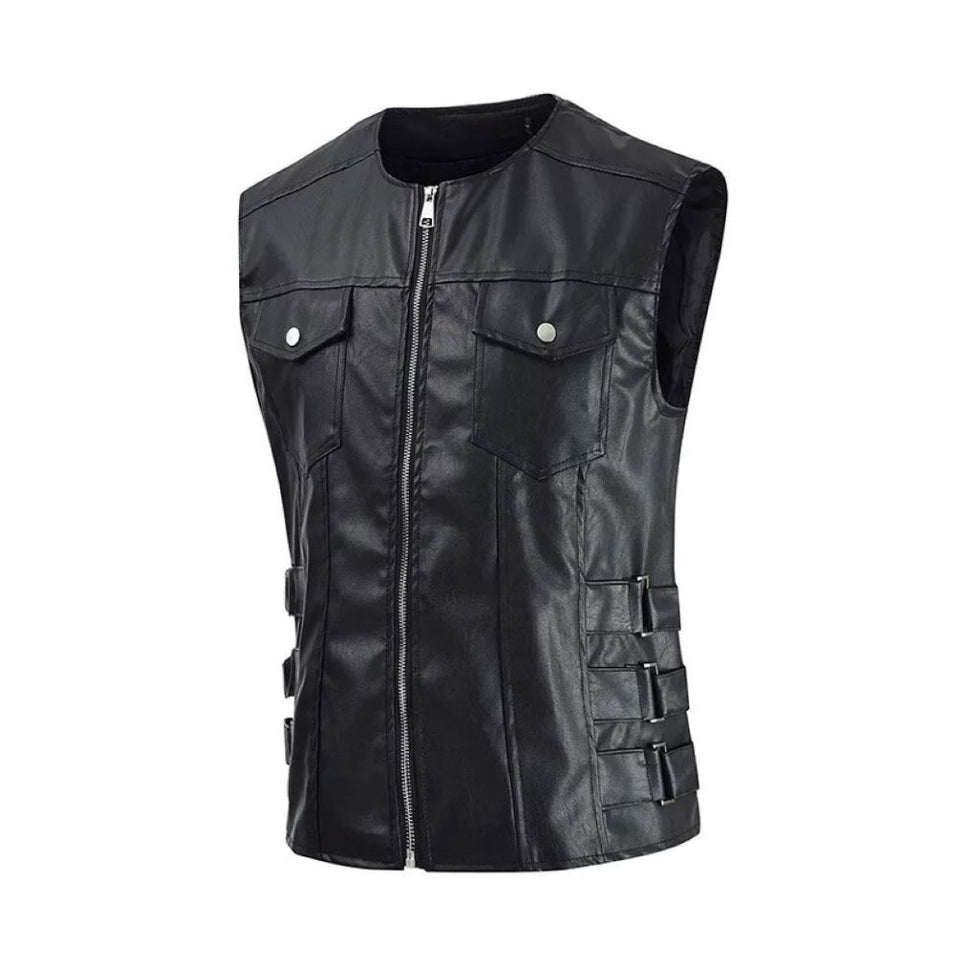 Men’s Black Sleeveless Genuine Lambskin Leather Moto Biker Waistcoat