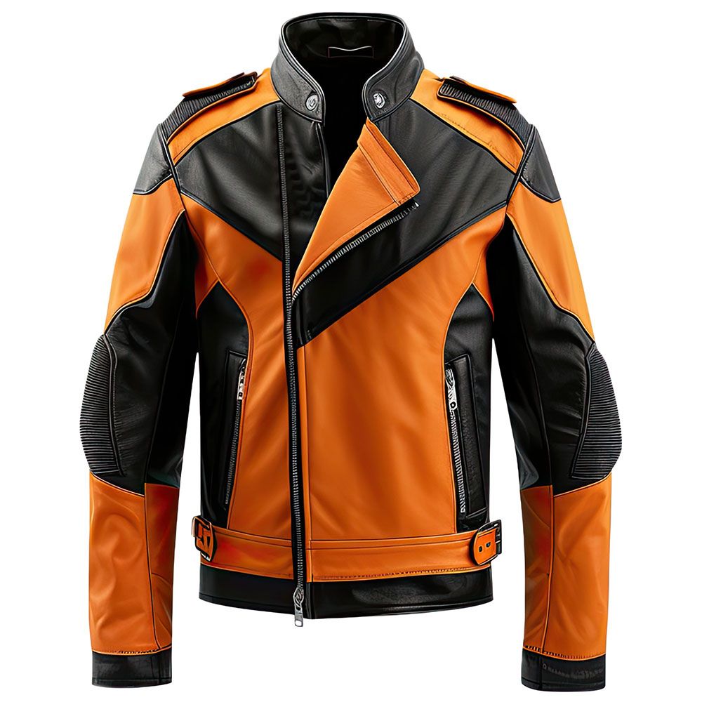 Men's Bold Orange Black Contrast Genuine Sheepskin Biker Style Jacket