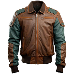 Men’s Brown Patched Bomber Premium Cowhide Moto Racer Leather Jacket