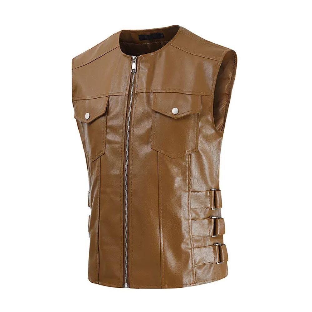 Men’s Black Sleeveless Genuine Lambskin Leather Moto Biker Waistcoat