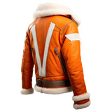 Men's Orange Genuine Sheepskin Shearling Faux Fur Bomber Leather Jacket