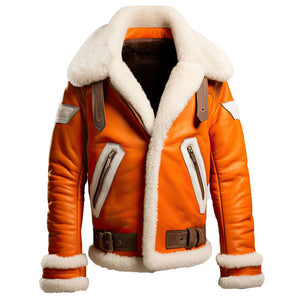 Men's Orange Genuine Sheepskin Shearling Faux Fur Bomber Leather Jacket