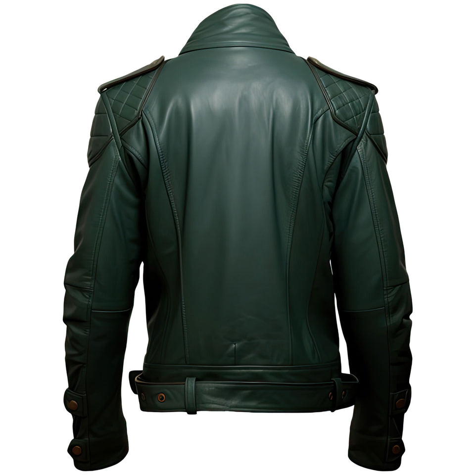 Men’s Green Genuine Sheepskin Notched Collar Rider Leather Jacket