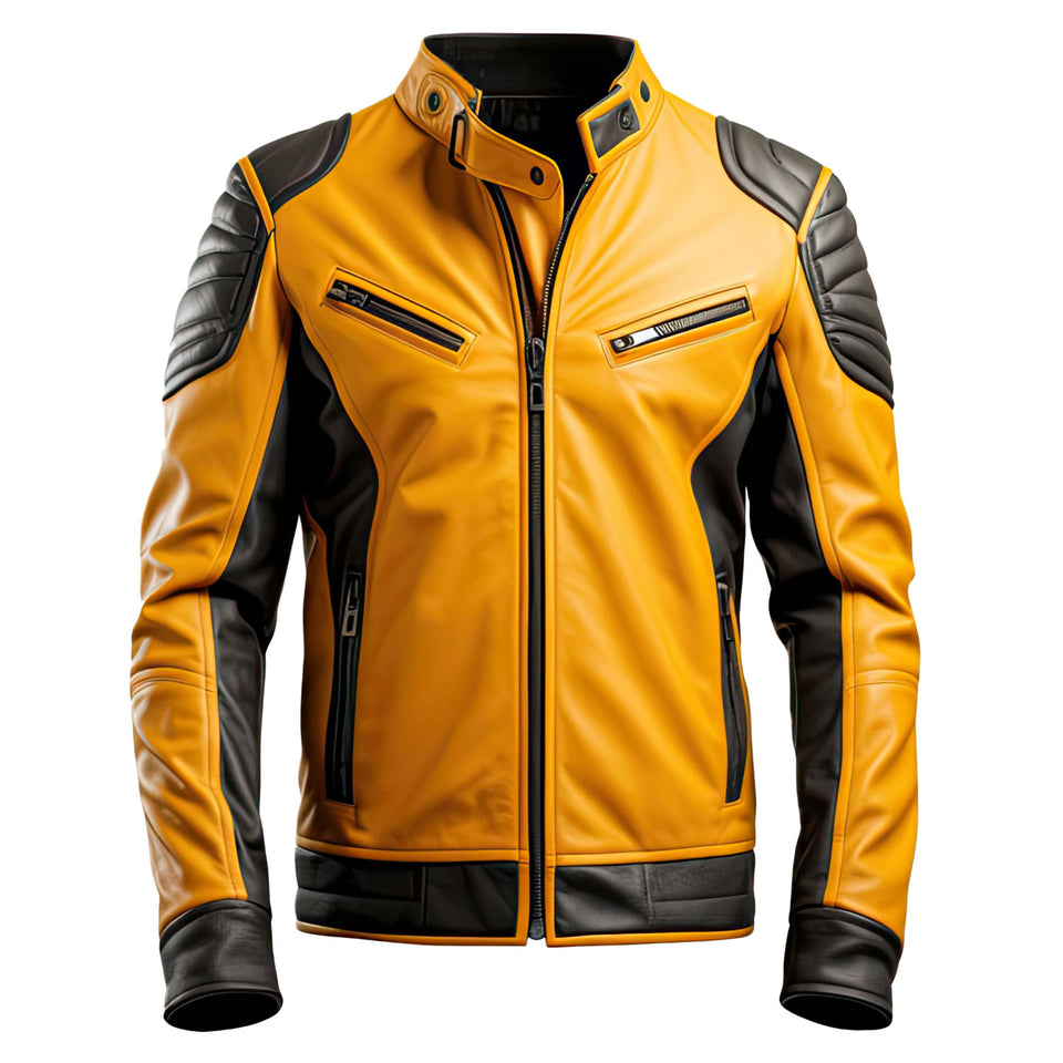 Men’s Moto Biker Mustard-Black Genuine Sheepskin Leather Jacket