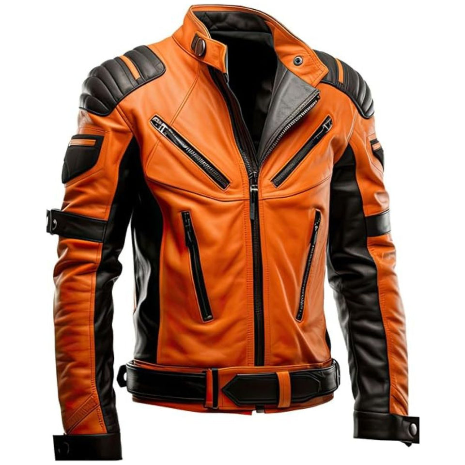 Men’s Orange Quilted Genuine Sheepskin Motorcycle Leather Jacket