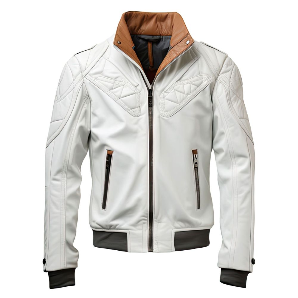 Men’s White Slim-Fit Motorcycle Genuine Sheepskin Leather Jacket