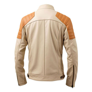 Men’s Beige Cafe Racer Slim-fit Genuine Sheepskin Leather Jacket