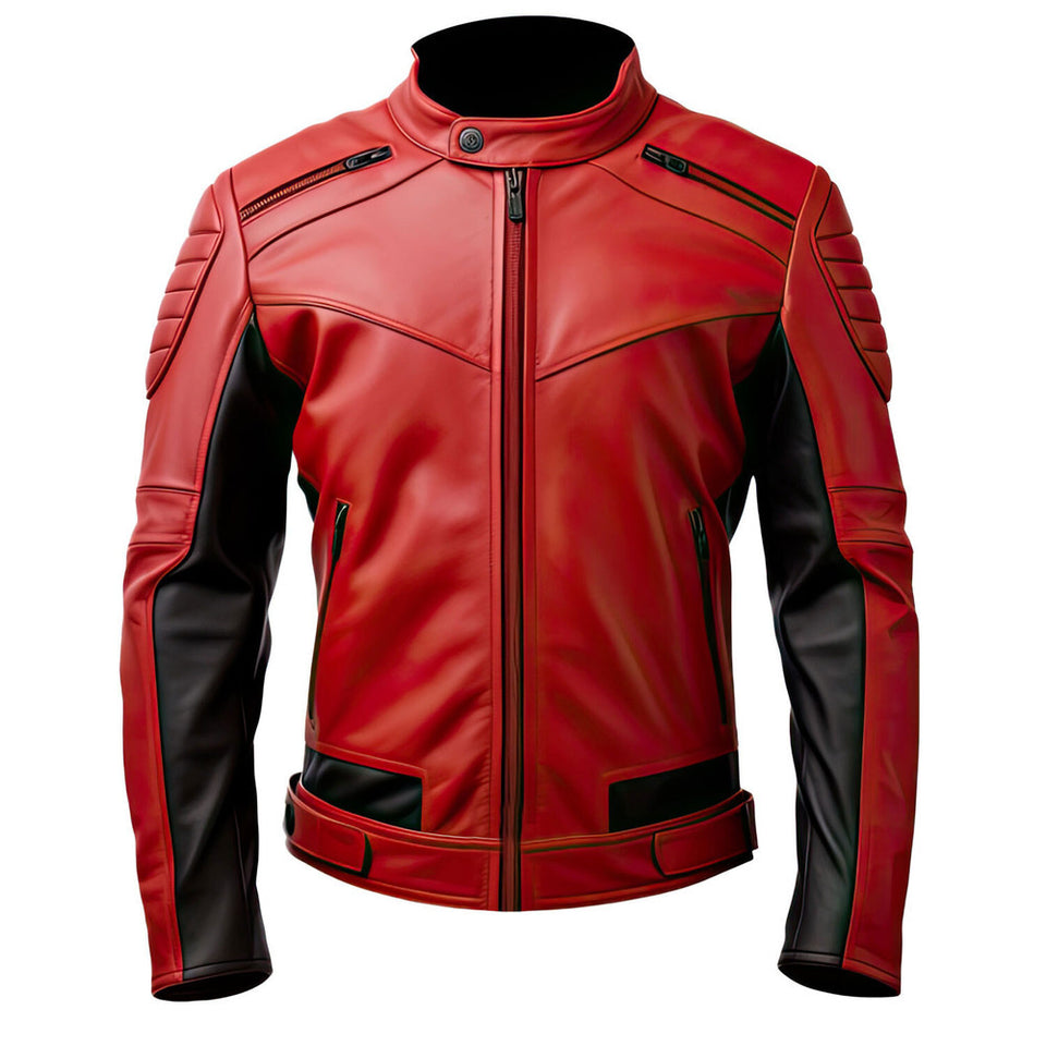 Men’s Red Black Genuine Sheepskin Racer Motorcycle Leather Jacket