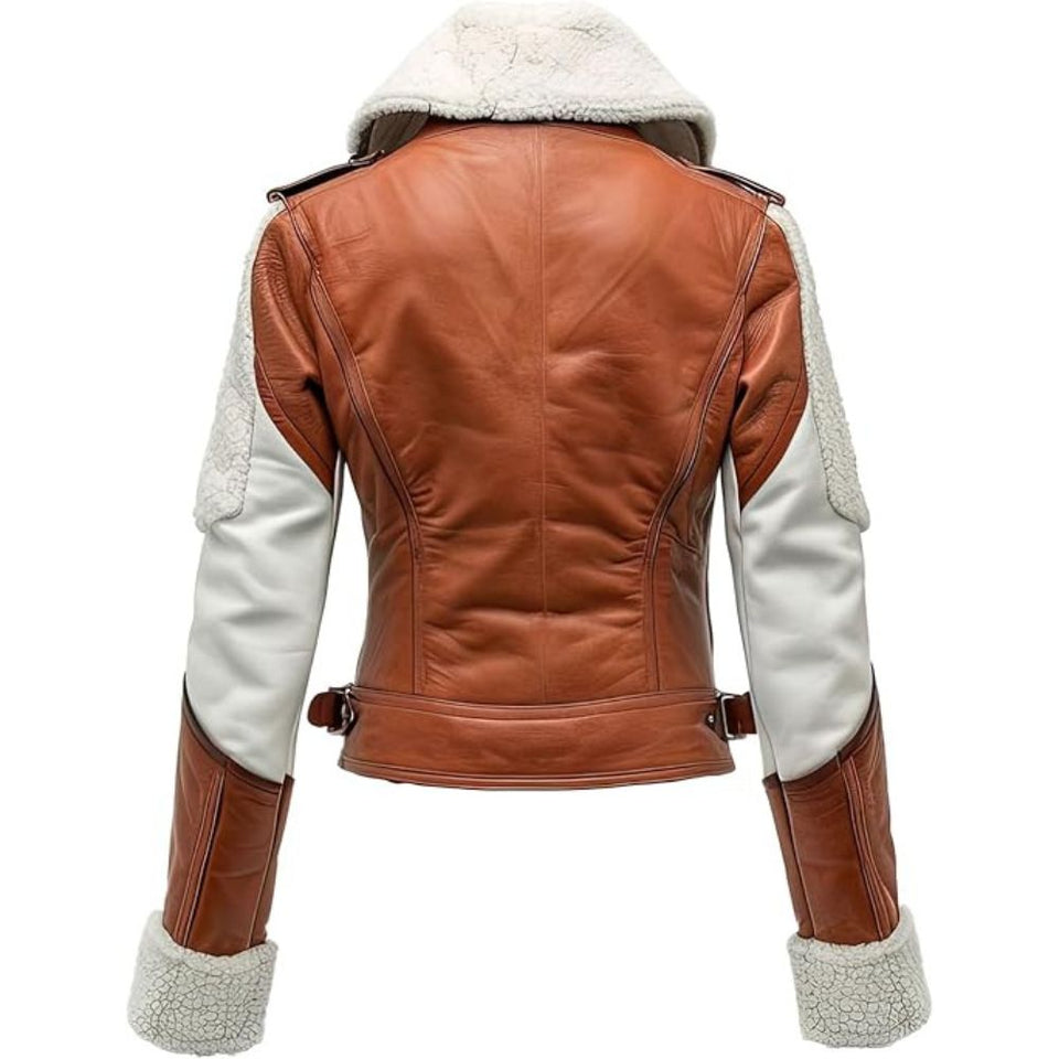 Women's Brown Genuine Sheepskin Shearling Faux Fur Leather Jacket