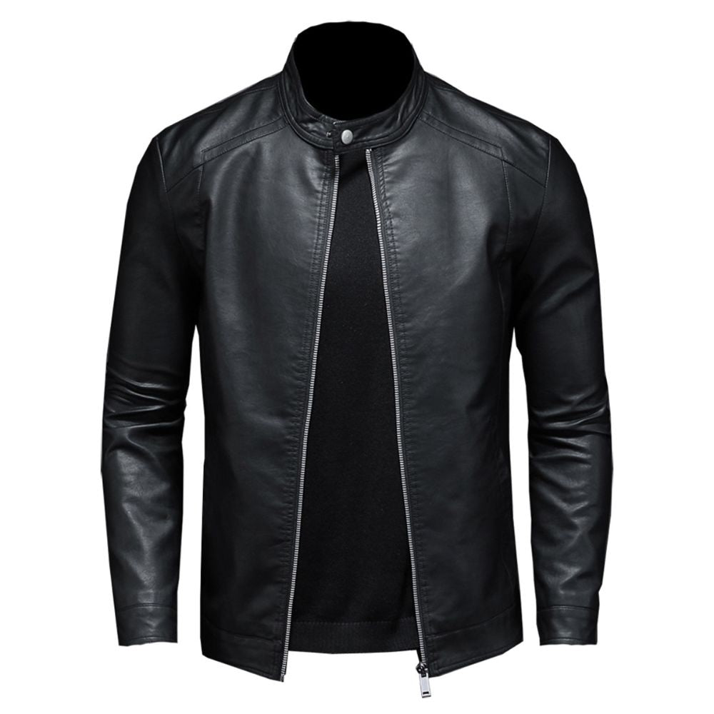 Men’s Stone Black Stand-Up Collar Genuine Cowhide Biker Leather Jacket