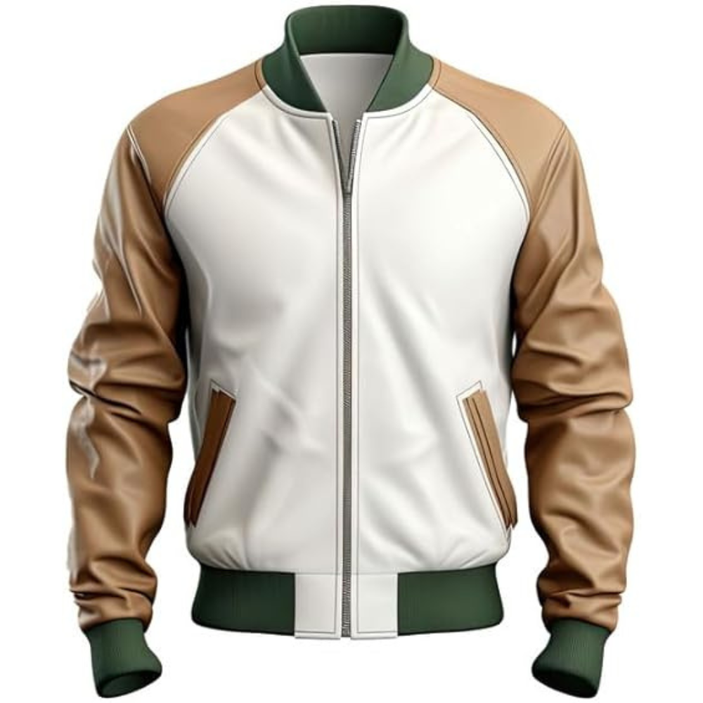 Men’s Moto White-Brown Bomber Genuine Sheepskin Leather Jacket