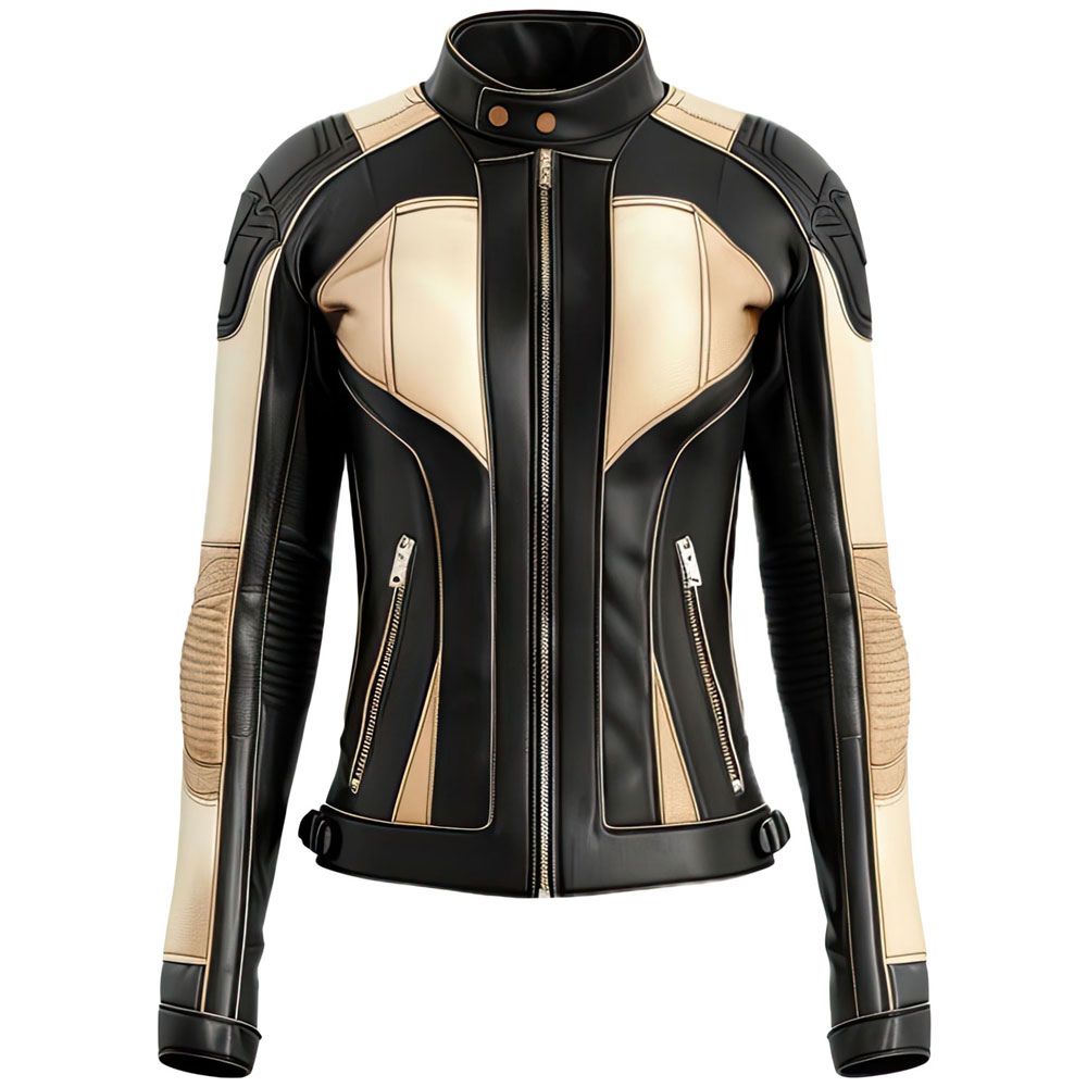 Women’s Classic Beige Black Genuine Sheepskin Motorcycle Leather Jacket