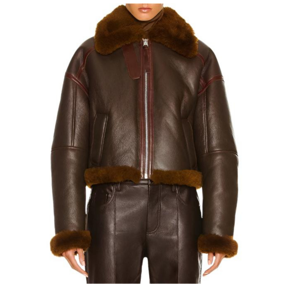 Women’s Brown Bomber Faux Shearling Fur Genuine Cowhide Leather Jacket