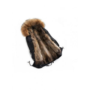 Women's Black Real Raccoon Fur Lining Parka Detachable Hooded Coat