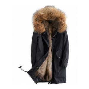 Women's Black Real Raccoon Fur Lining Parka Detachable Hooded Coat