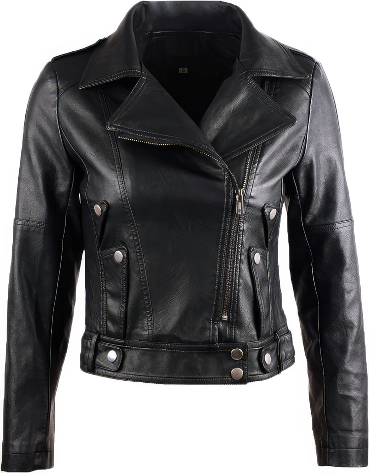 Women’s Black Slim-Fit Motorcycle Genuine Sheepskin Leather Jacket