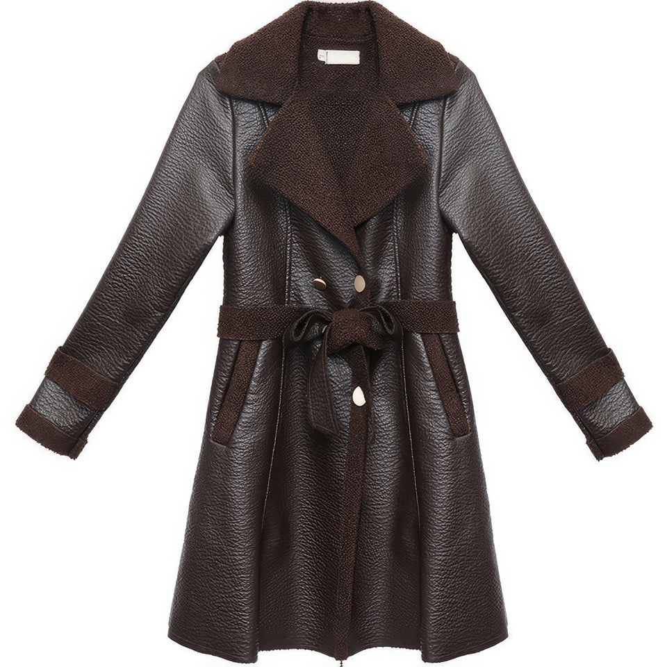 Women Black Double Sided Faux-Fur Warmth Thickened Leather Trench Coat