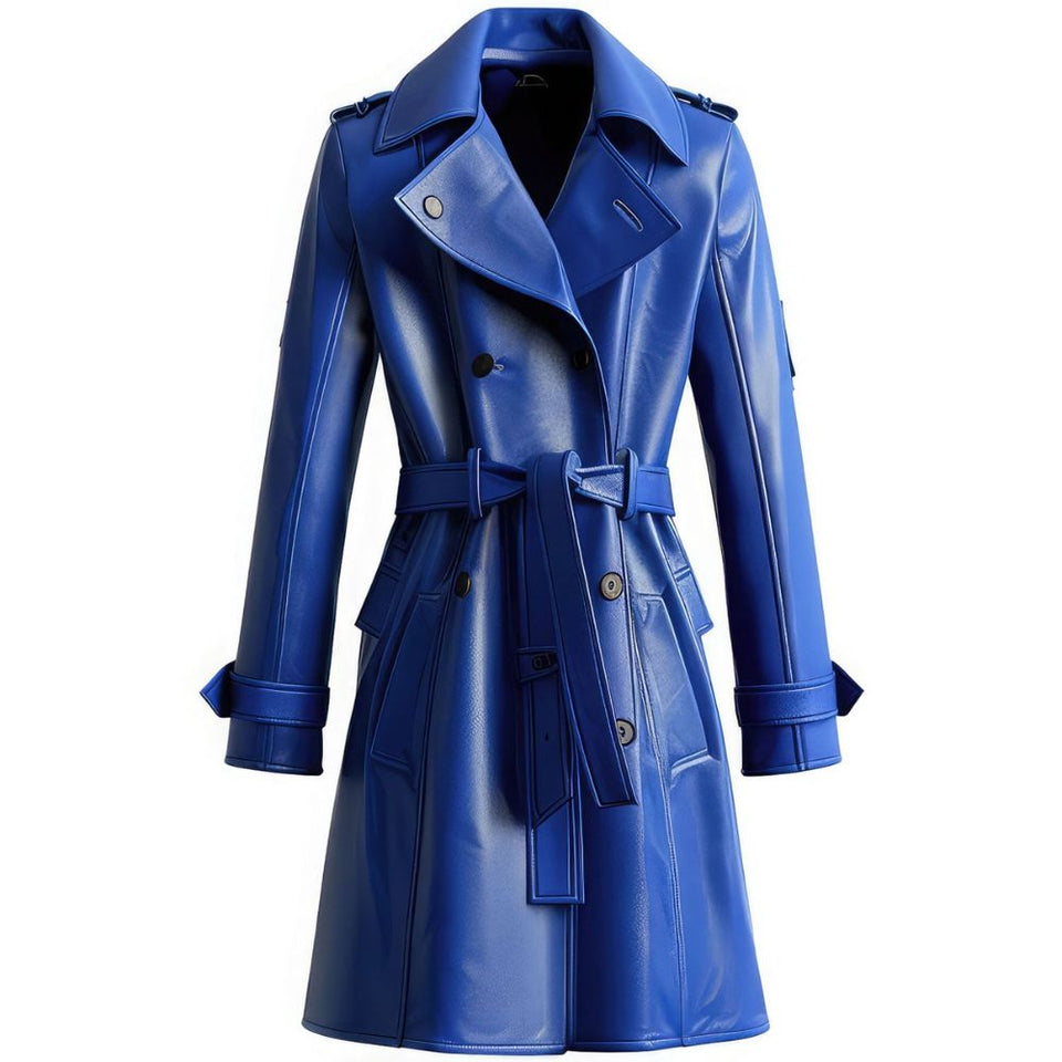 Women's Blue Genuine Sheepskin Soft Belted Mid-Length Trench Coat