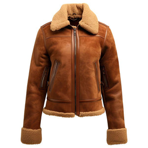 Women's Brown Faux Shearling Fur Lined Collar Suede Leather Jacket