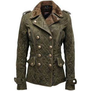 Women Diamond Quilted Olive Green Genuine Suede Leather Coat