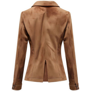 Women’s Dark Brown Suede Notch Lapel-Collar Semi-Formal Leather Blazer