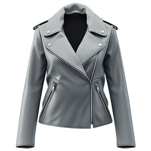 Women's Grey Genuine Sheepskin Stylish Moto Biker Leather Jacket