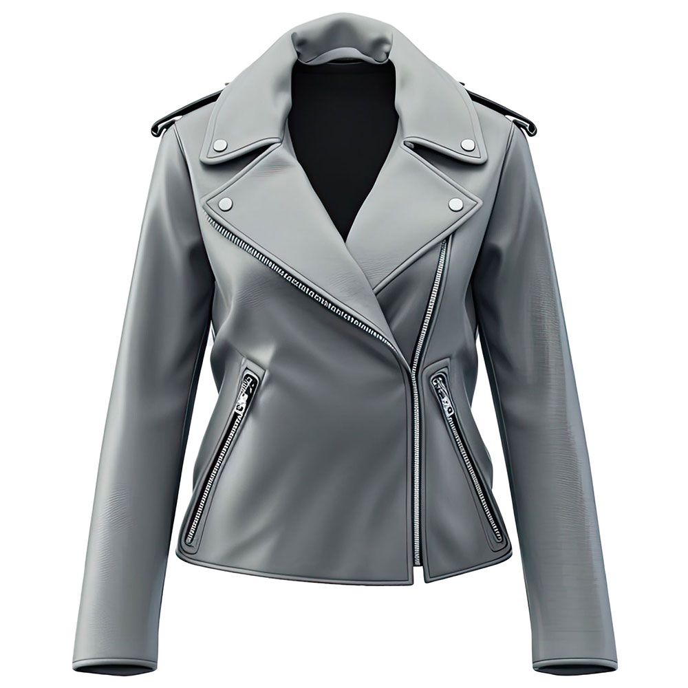 Women's Grey Genuine Sheepskin Stylish Moto Biker Leather Jacket