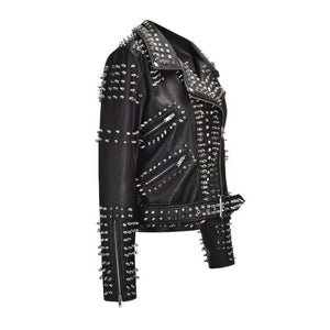 Women’s Slim-Fit Studded Moto Black Genuine Cowhide Leather Jacket