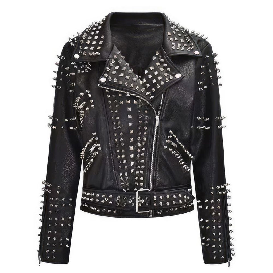 Women’s Slim-Fit Studded Moto Black Genuine Cowhide Leather Jacket