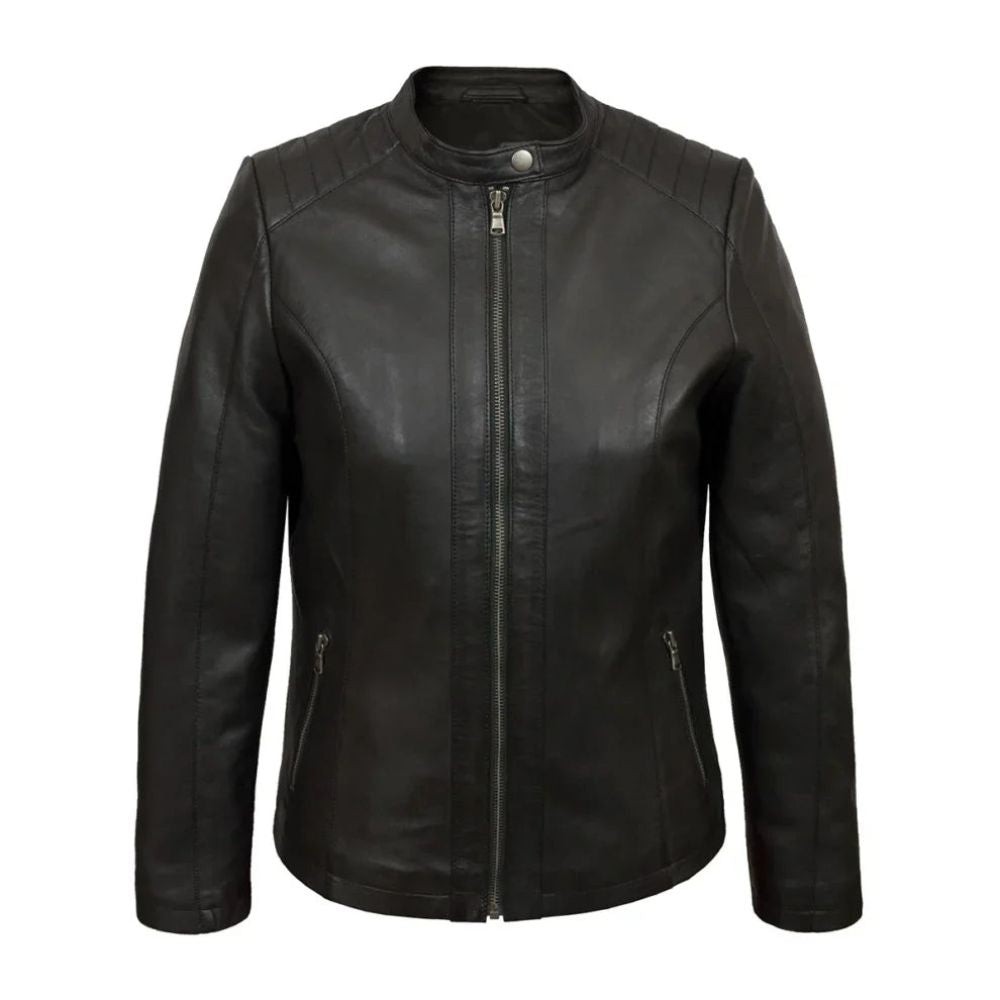 Women's Black Quilted Shoulders Genuine Sheepskin Racer Leather Jacket