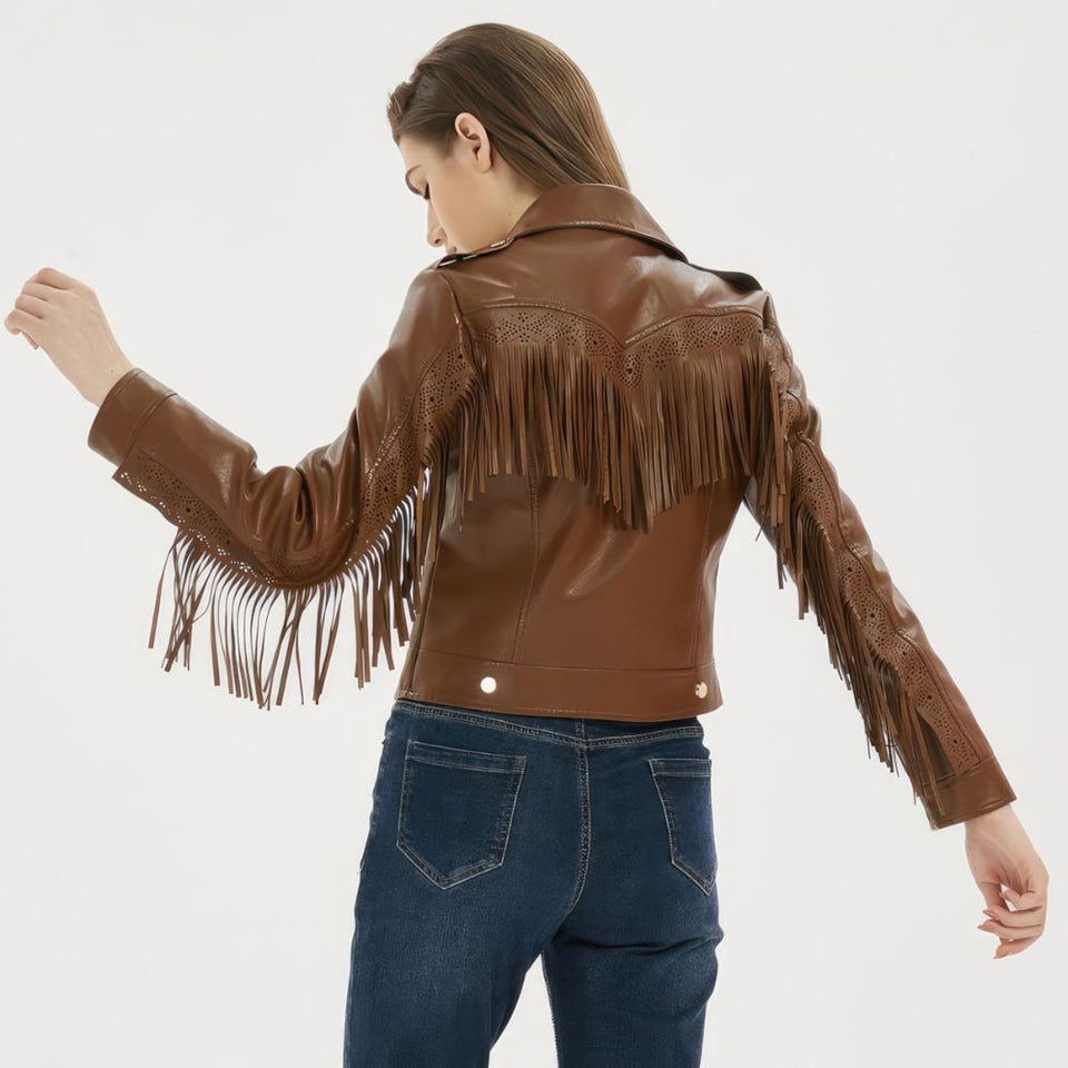 Women's Classic Brown Fringed Tassels Genuine Sheepskin Leather Jacket