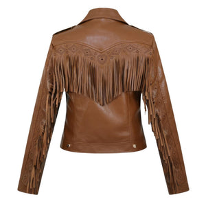 Women's Classic Brown Fringed Tassels Genuine Sheepskin Leather Jacket