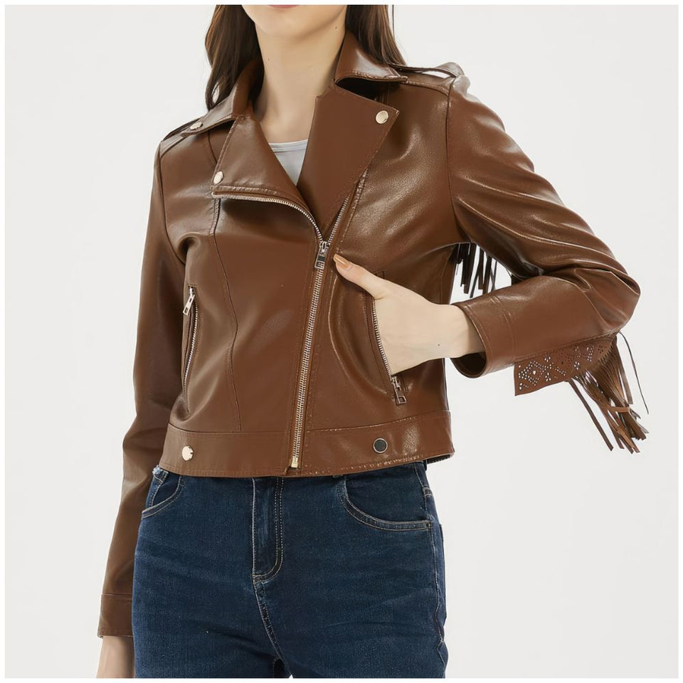 Women's Classic Brown Fringed Tassels Genuine Sheepskin Leather Jacket