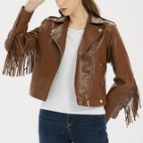 Women's Classic Brown Fringed Tassels Genuine Sheepskin Leather Jacket