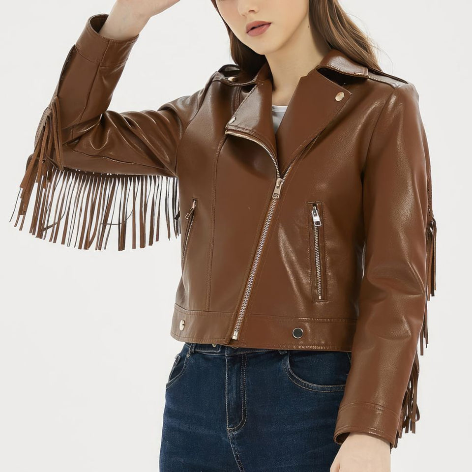 Women's Classic Brown Fringed Tassels Genuine Sheepskin Leather Jacket