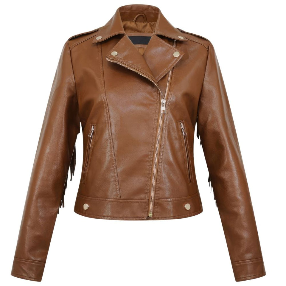 Women's Classic Brown Fringed Tassels Genuine Sheepskin Leather Jacket