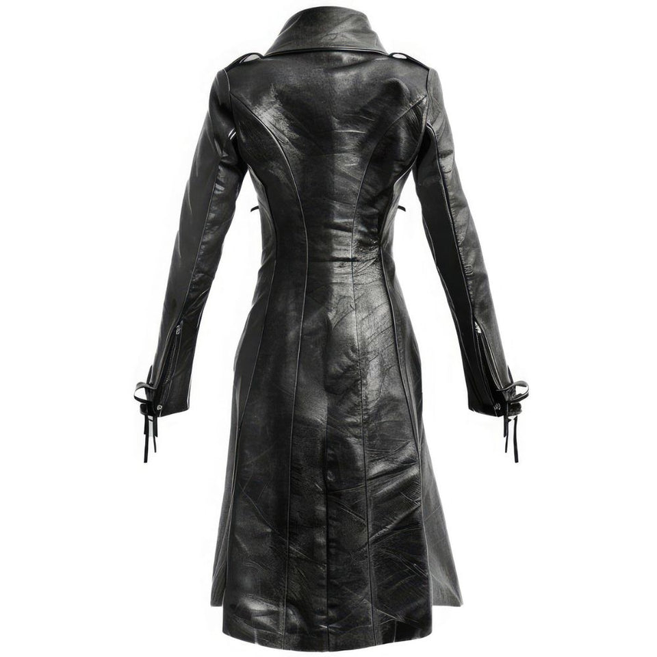 Women's Gothic Chic Black Genuine Sheepskin Long Leather Trench Coat