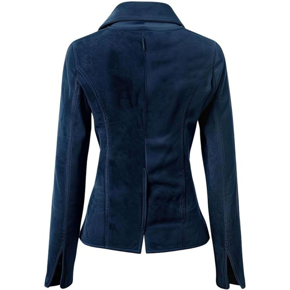 Women’s Navy Blue Lapel Collar Two Button Genuine Suede Leather Blazer