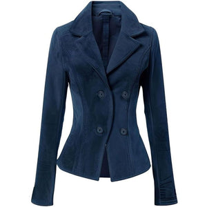 Women’s Navy Blue Lapel Collar Two Button Genuine Suede Leather Blazer